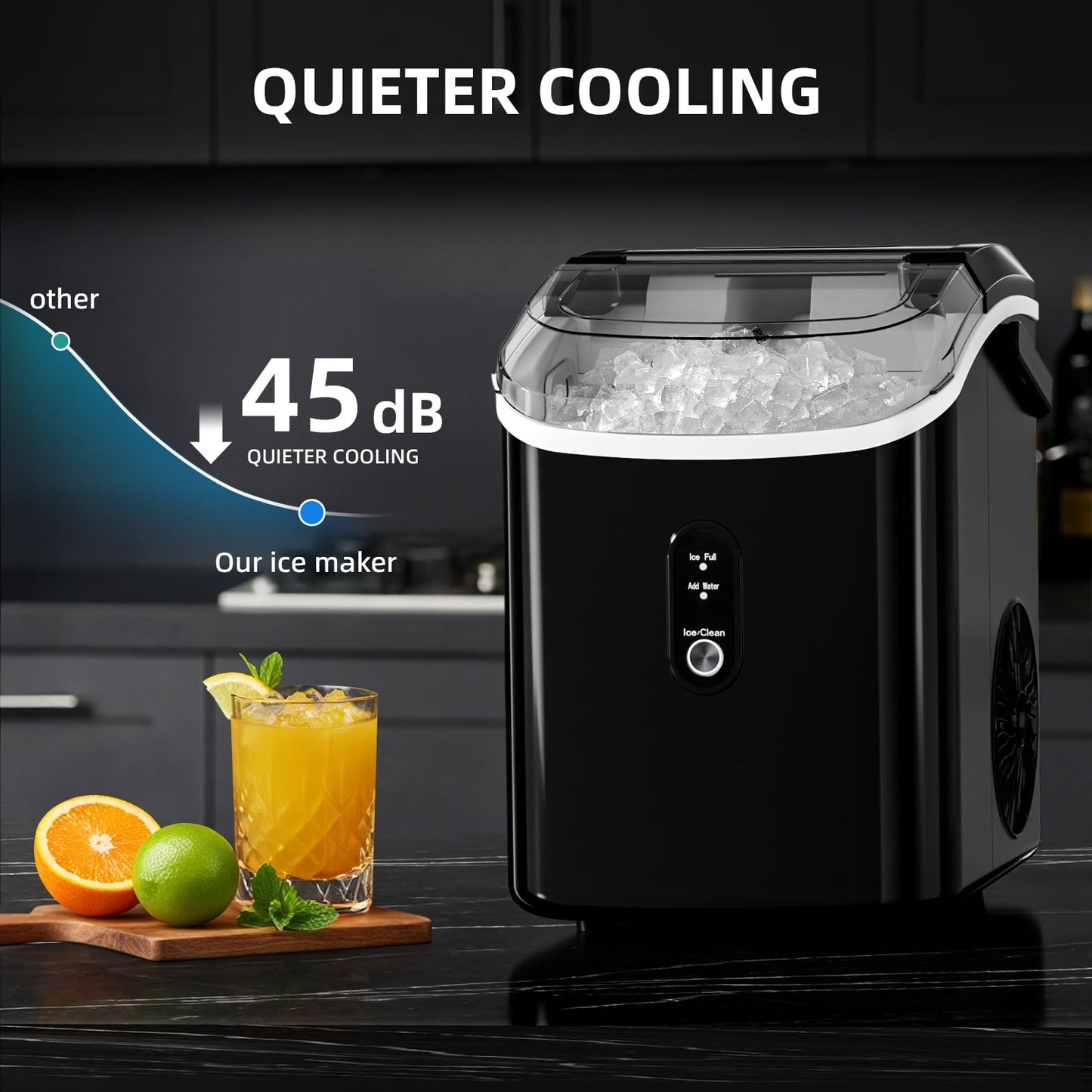 Nugget Countertop Ice Maker with Soft Chewable Pellet Ice, Automatic 34Lbs/24H,Pebble Portable Ice Machine with Ice Scoop, Self-Cleaning, One-Click Operation, for Kitchen,Office, Bar(Highlight Black)