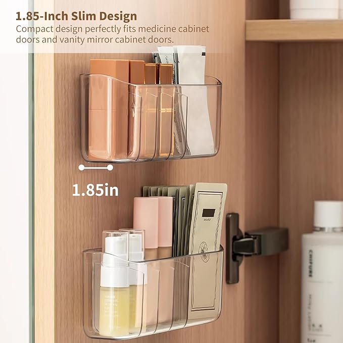 PAVSTINE 2 Pack Adhesive Medicine Cabinet Organizer, Clear Wall Mounted Makeup Storage Shelves for Bathroom Vanity, No Drilling Narrow Organizers for Door Cabinet, 5 Compartment