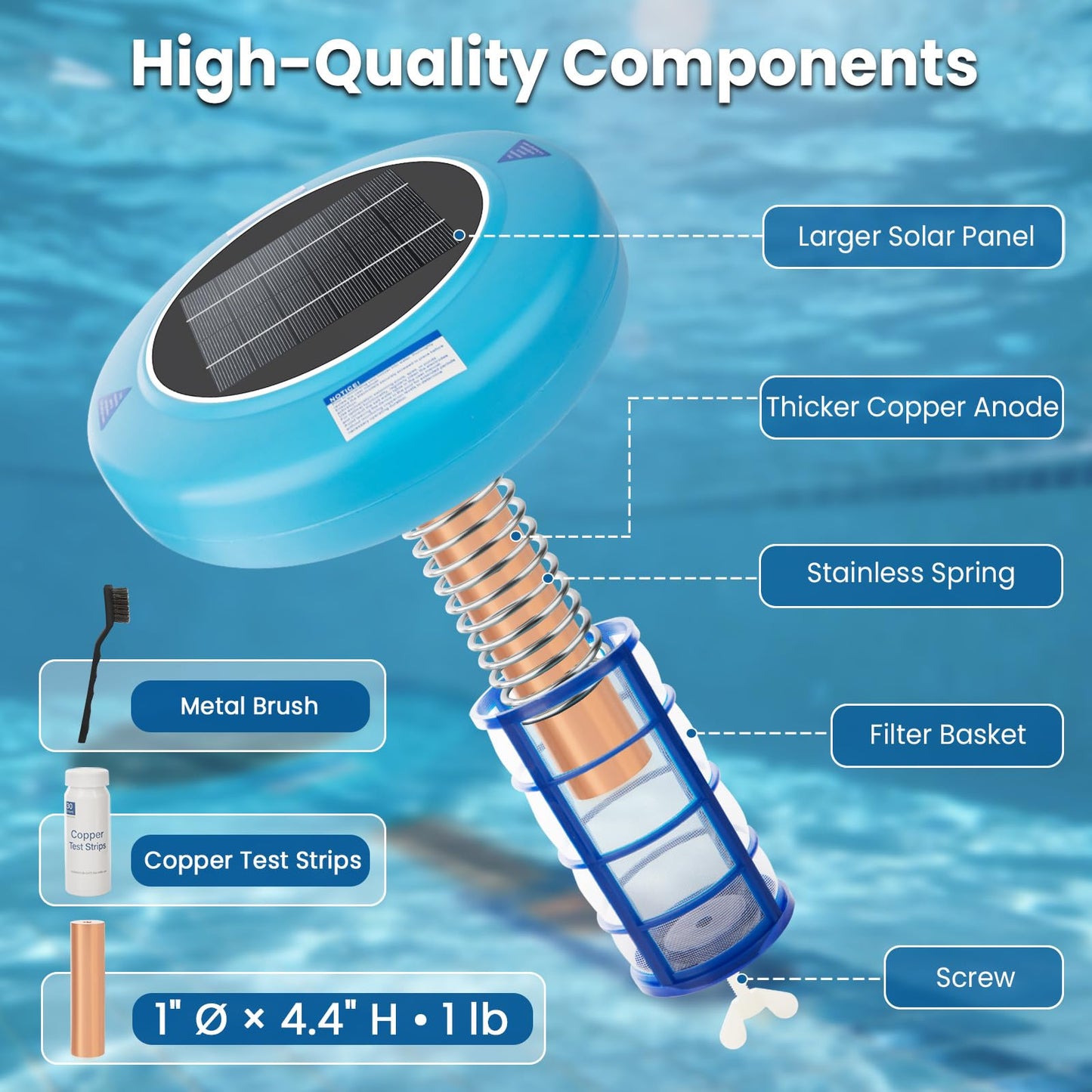 Solar Pool Ionizer – Durable Copper Anode & Oversized Solar Panel for Pools Up to 45,000 Gallons, Maintain Water Clarity with Minimal Maintenance