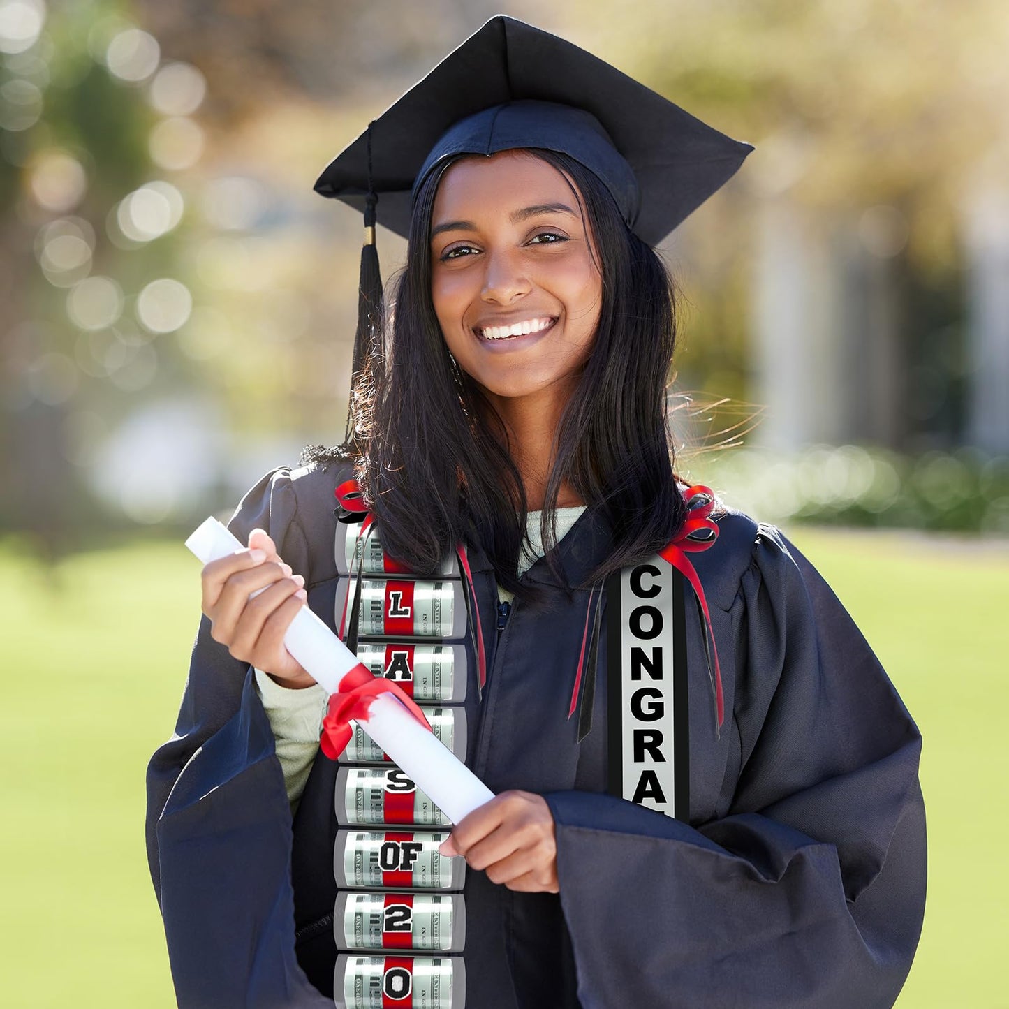 Lyrow Graduation Money Lei Class of 2026 Ribbon Lei Gift Graduation Cash Gifts Pull Ideas for High School College Party Supplies(Red and Black,Classic)