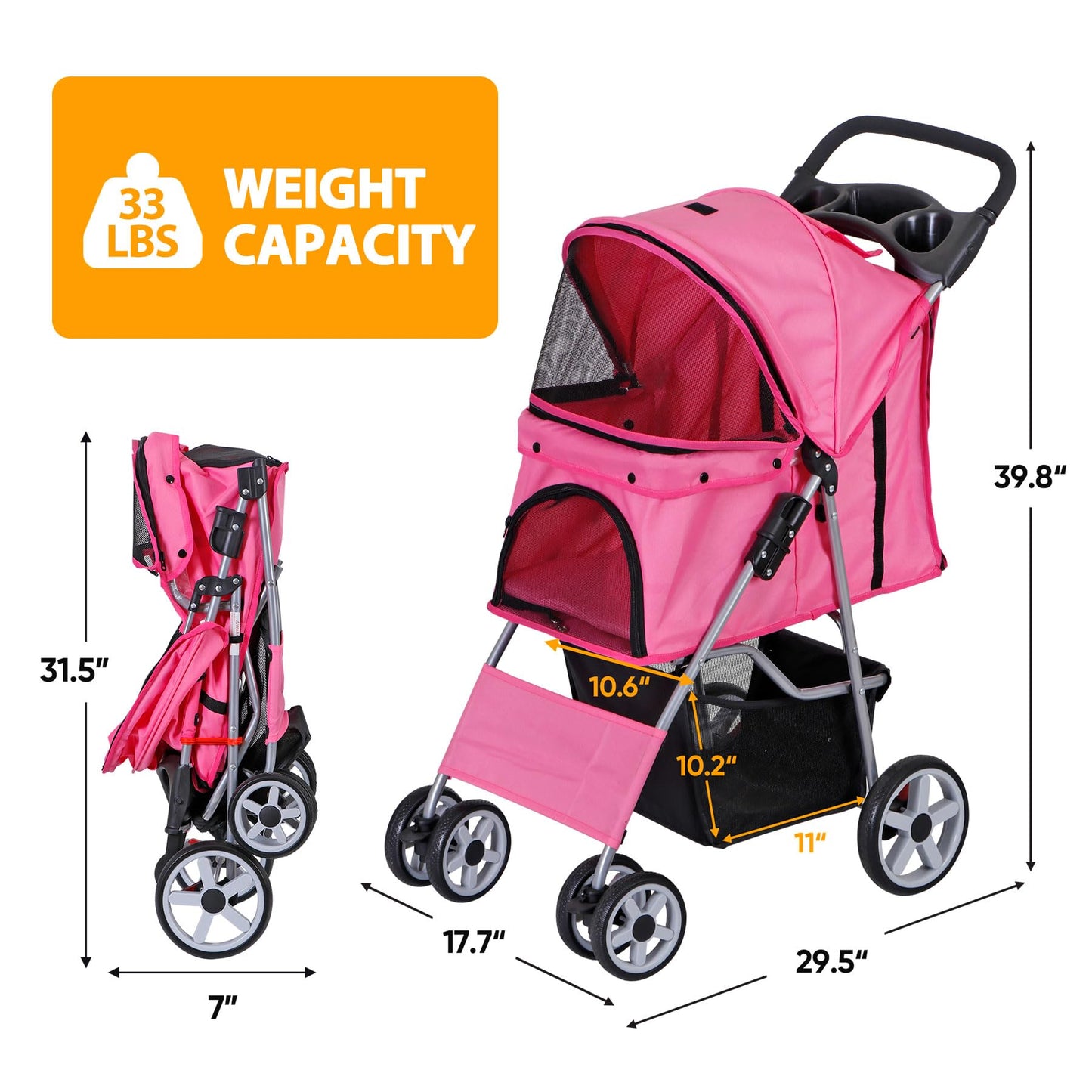 Epetlover 4 Wheels Dog Stroller Folding Pet Strolling Cart for Small Medium Cats Puppies Portable Jogger Travel Camping Puppy Carrier with Storage Basket Cup Holder, Pink