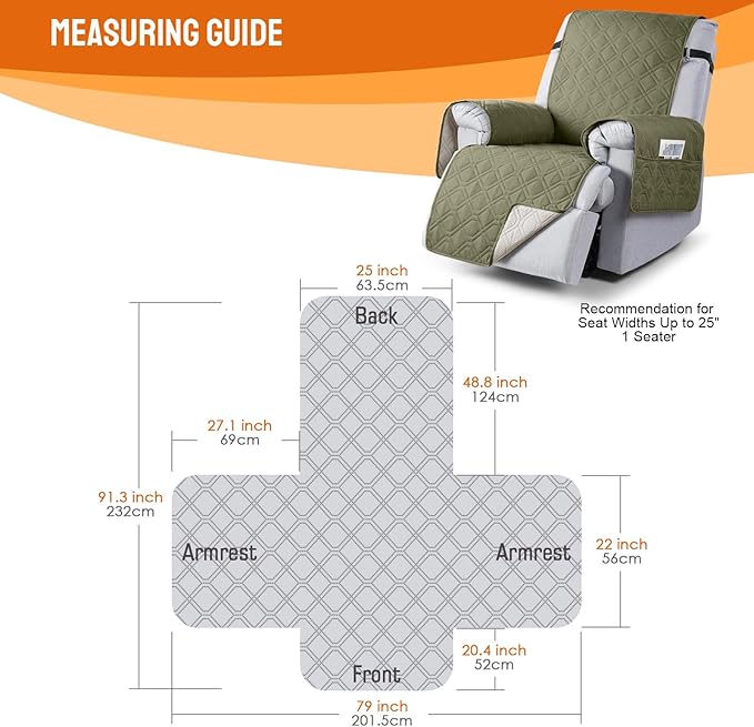 VANSOFY 100% Waterproof Recliner Chair Covers, Recliner Cover Non-Slip Dog Chair Cover Furniture Protector Washable Slipcover with Pocket, Elastic Straps for Pets, Dogs(Olive Green, 25")