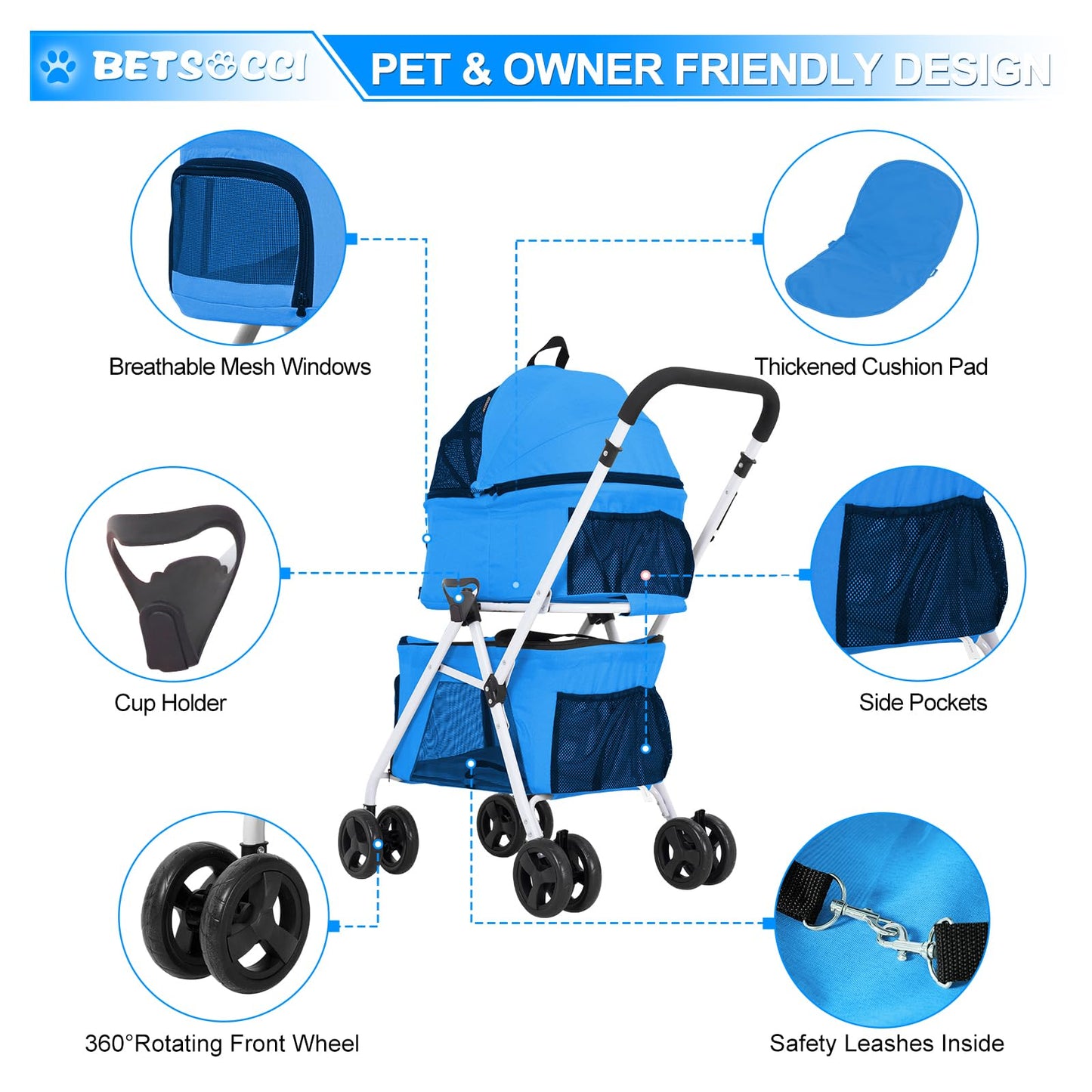 BETSOCCI Double Dog Stroller with 2 Detachable Carrier, Portable Pet Stroller for Small Dogs & Cats Folding Lightweight Puppy Travel Carriage, 4 Wheels, Azure