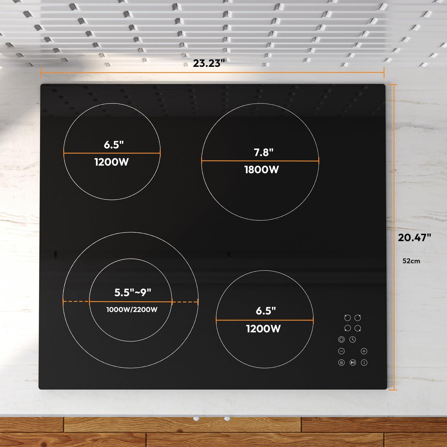 Empava 24 Inch Electric Cooktop, 4 Burners with Dual-Ring Zone, Timer, Child Lock, Stop & Go, Built-in Ceramic Glass, 208~240V Hardwired