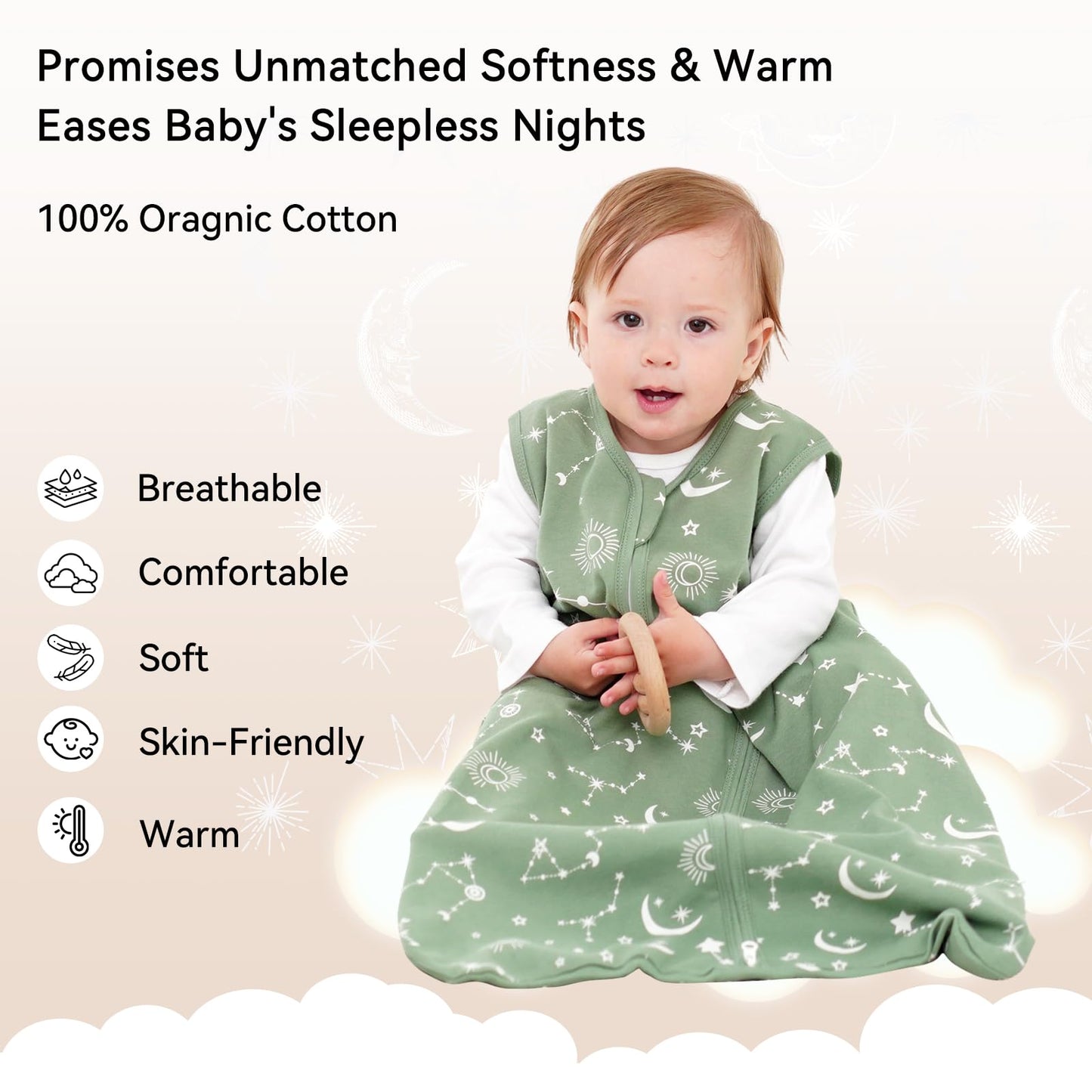 Unnivoll Baby Sleep Sack 6-12 Months 3 Pack 100% Cotton Lightweight 0.5 TOG Wearable Blanket Baby Sleep Bag with 2-Way Zipper for Newborn Infant Green