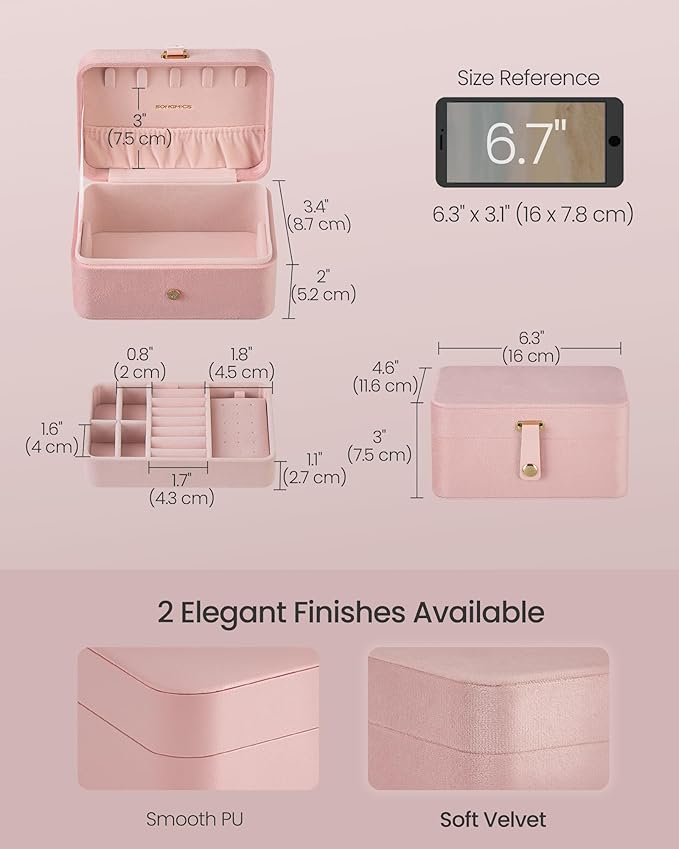 SONGMICS Jewelry Organizer Box, Travel Jewelry Case, 2-Layer Travel Case for Earrings, Necklaces, Bracelets - Portable Jewelry Storage with Large Capacity, Gift Idea, Jelly Pink UJBC166R02