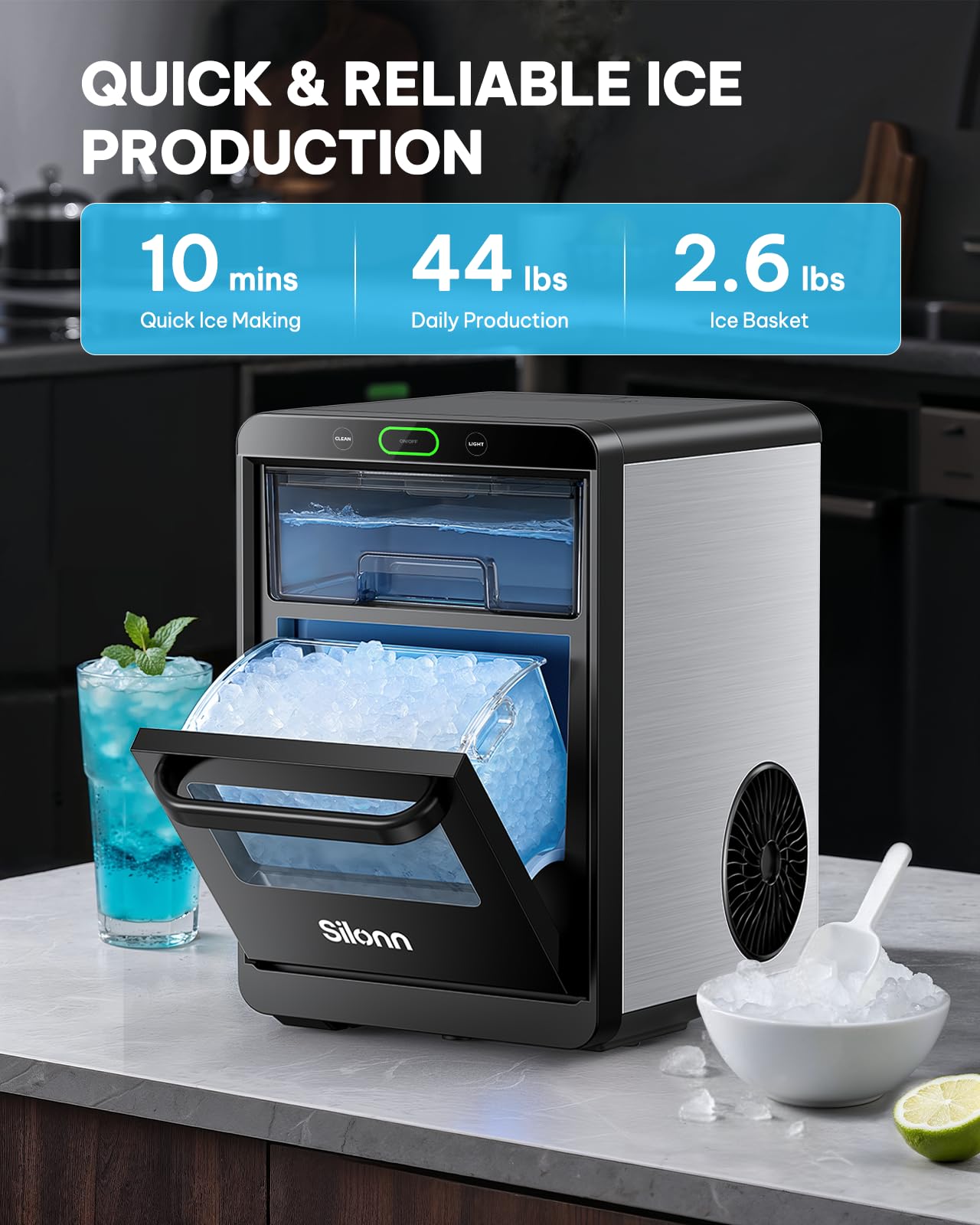 Silonn Nugget Ice Maker Countertop, Crushed Ice Maker & Pebble Ice Machine Produces 44lbs/24h with Front Pull-Out Water Tank & Removable Basket for Home/Kitchen, Stainless Steel