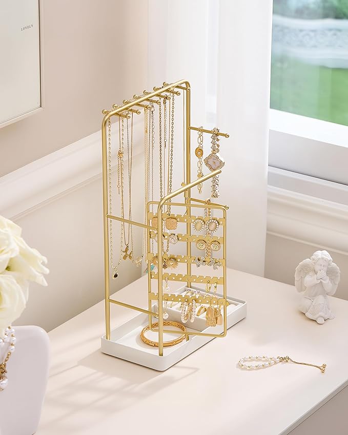 ProCase Jewelry Stand Holder Organizer, Jewelry Display Storage with Ring Tray, No-Assembly, Rotating Earring Bracelet Necklace Holder,Valentine's Gifts Room Dorm Decor for Teen Girls -Gold