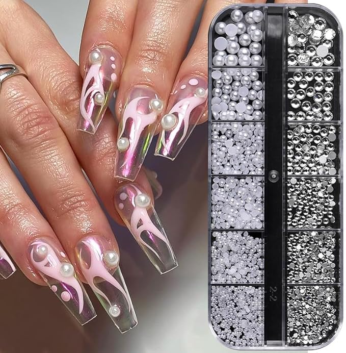 12Grids 3D Mixed White Pearls Nail Charms 0.15-0.5mm Semicircle Pearl Beads Nails Art Decorations White Nail Pearls for DIY Tool Nail Studs Accessories Pearl Nail Charms Mini Small Nail Beads (White)