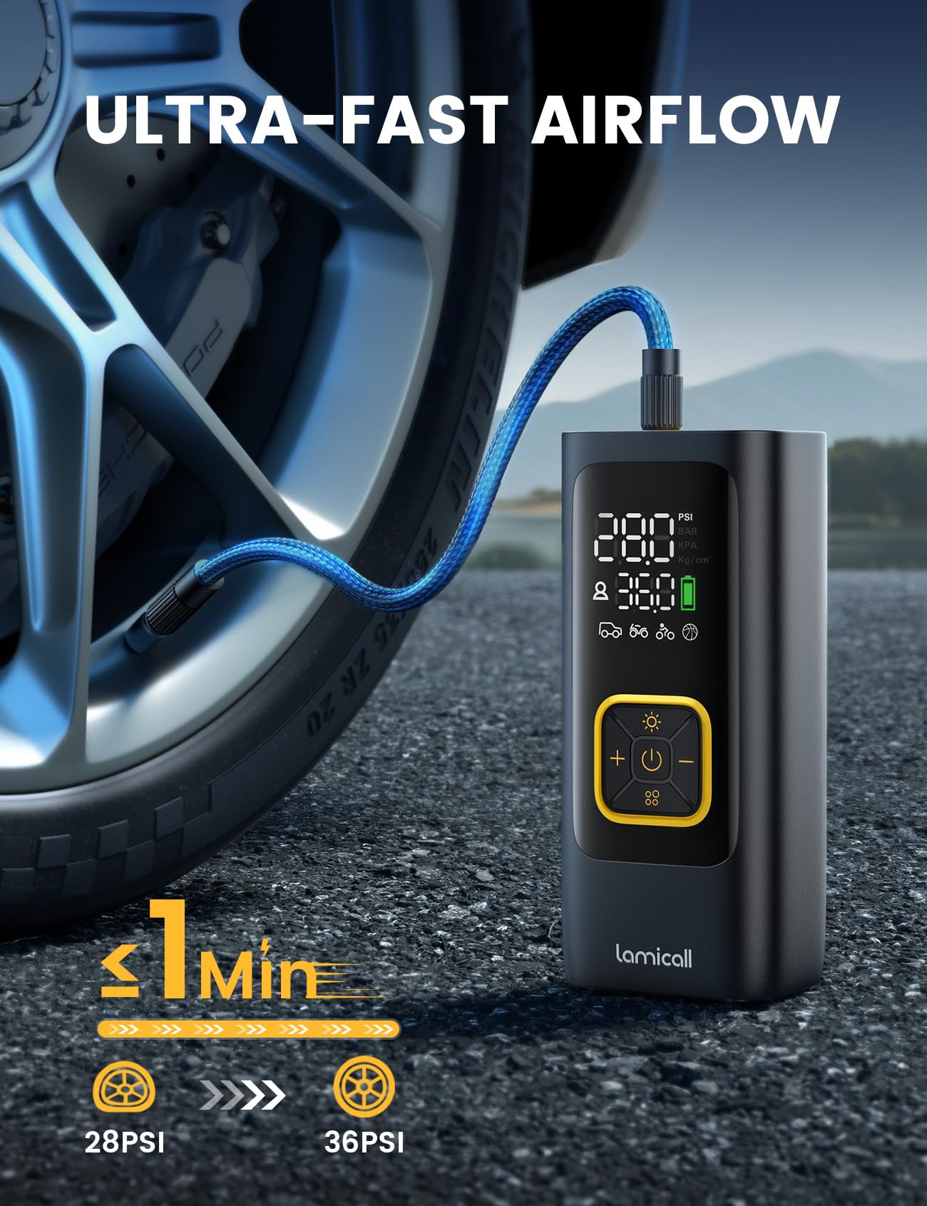 Car Tire Inflator Portable Air Compressor - Lamicall [4X Faster][150 PSI] Bike Air Pump, Rechargeable Battery, Pressure Gauge Display, LED Light, Automatic Car Cordless Pump for Motorcycle, Bike, Ball