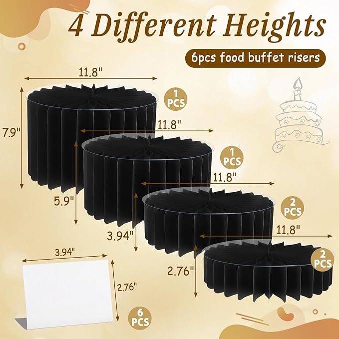 6Pcs Buffet Risers, Food Risers for Table, Foldable Cake Display Stands, Tall Cardboard Cupcakes Stand for Show Catering Desserts Jewelry Wedding Birthday Party Decoration (Black)
