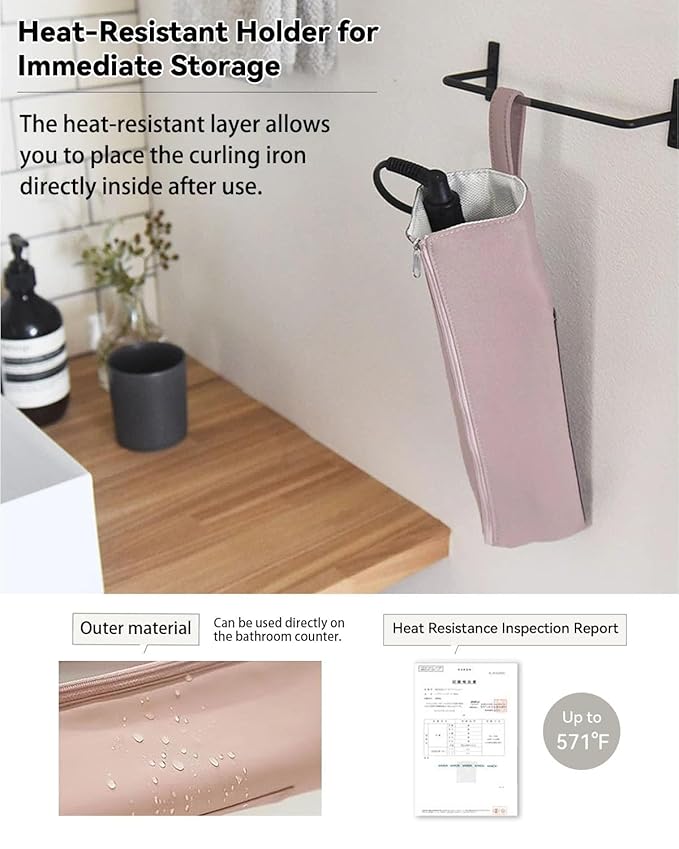 Holder & Mat for Curling Iron Flat Iron, Heat Resistant Hot Hair Tool Travel Bag Case (pink)