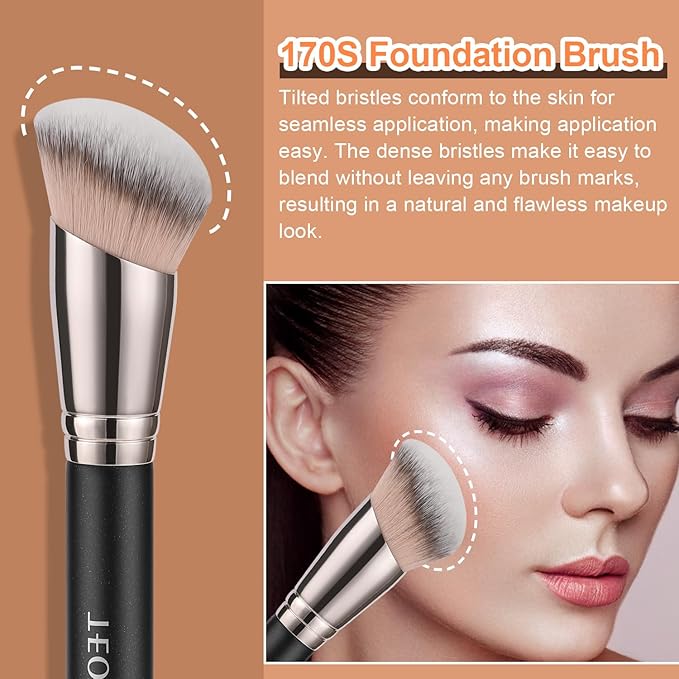 TEOYALL Foundation Contour Brush Set, 2PCS Angled Synthetic Kabuki Brush for Blending Setting Concealing Buffing with Liquid, Cream and Powder Cosmetic (170S/270S)