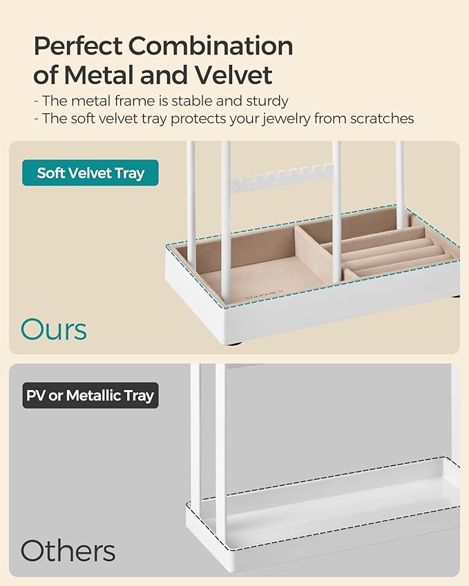 SONGMICS Jewelry Holder, Jewelry Organizer, Jewelry Display Stand with Metal Frame, Velvet Tray, Necklace Earring Bracelet Holder, for Studs, Rings, Gift Idea, Matte White UJJS021W01