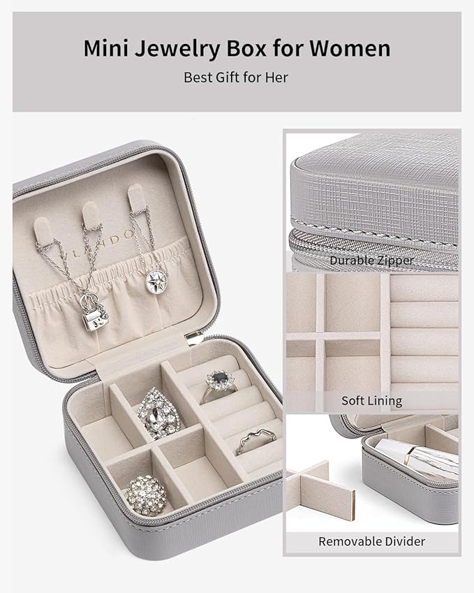 VLANDO Travel Jewelry Case - Teacher Appreciation Gifts for Women - Small Jewelry Travel Organizer Box Travel Essentials Gift for Teen Girl Women - Grey