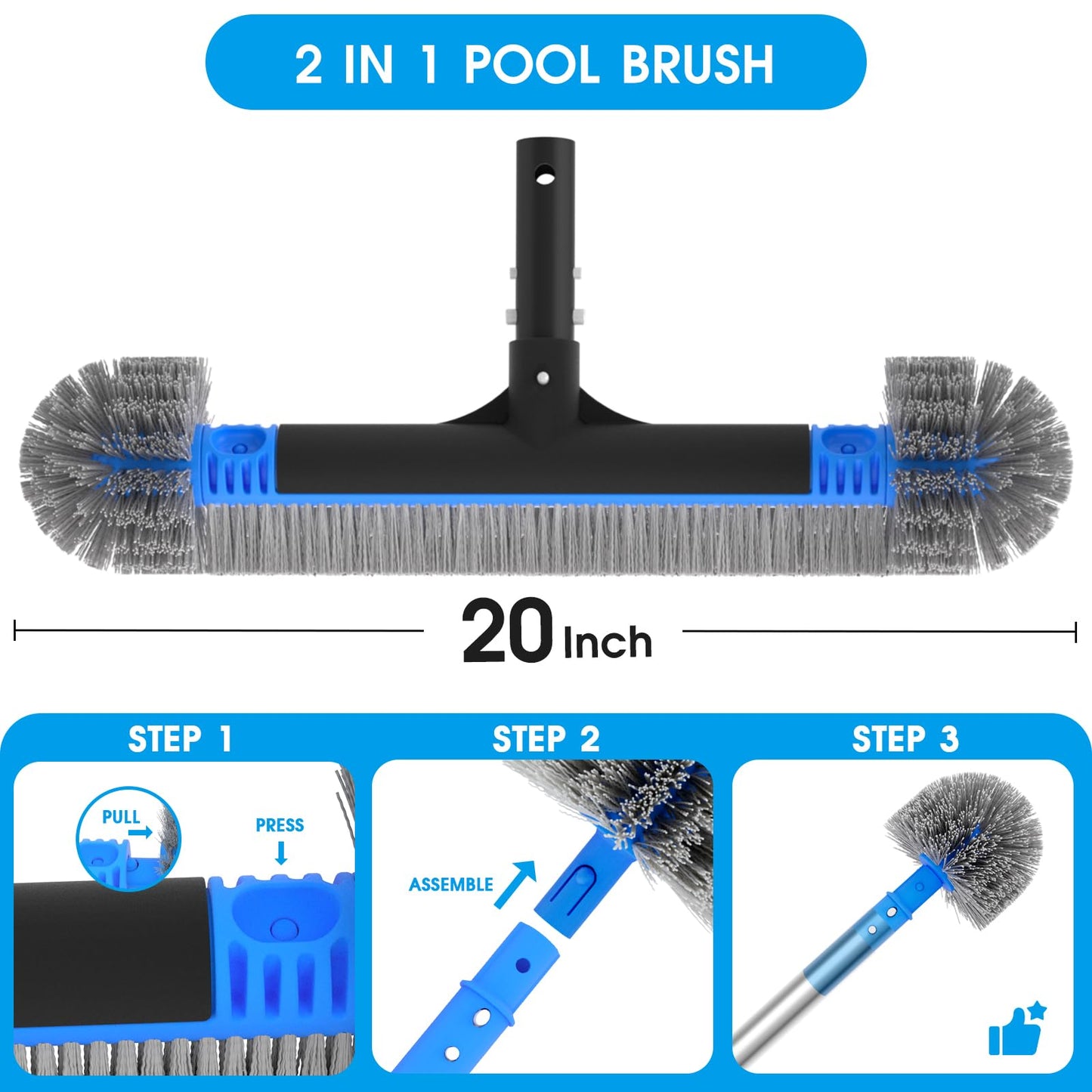 TidyMister 20'' 2 in 1 Pool Brush Head Cobweb Duster Heavy Duty Pool Cleaning Detachable Round Brush with EZ Clip & Wavy Nylon Bristles for Inground Pool & Above-Ground Pool (Without Pole)