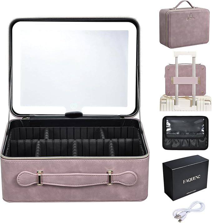 Faquenc Makeup Case with LED Lighted Mirror 11.4 Inch Travel Makeup Bag Adjustable Brightness in 3 Colors Cosmetic Organizer Artist Storage Bag with Dividers Brush Holder Bag Vanity Purple