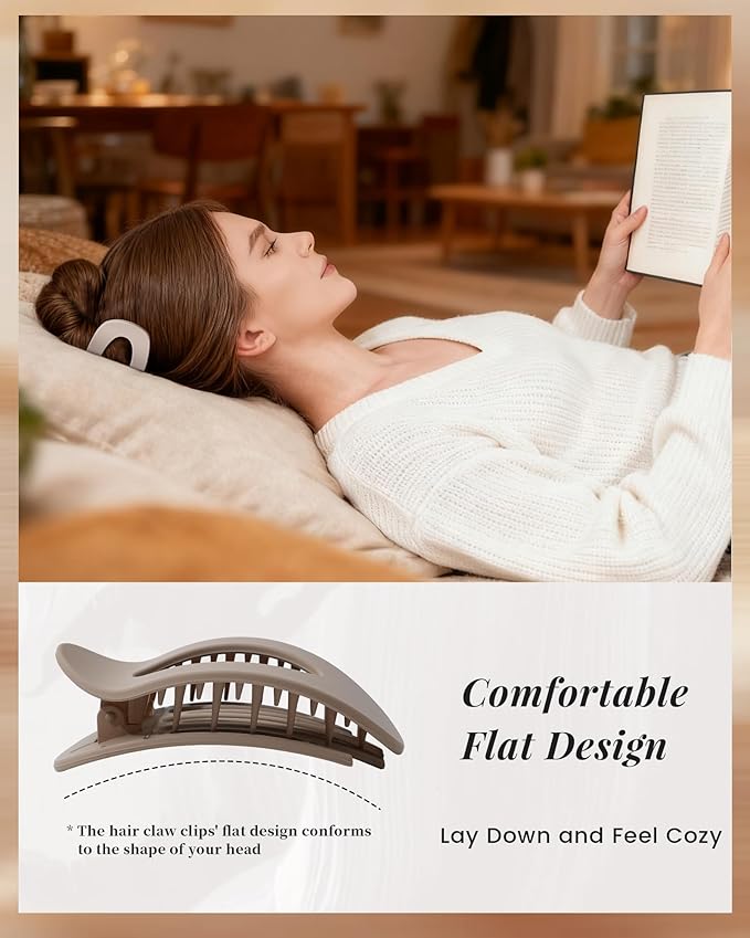 Mesovor 6 Pack Flat Hair Claw Clips, 4.33" Nonslip Large Round Lay Flat Hair Clips | Strong Hold French Flat Hairclips for Lying Down, Yoga, Driving (Brown Matte)