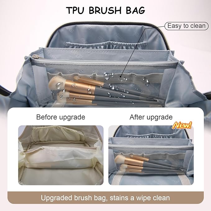 BOYATU Travel Makeup Bag Organizer Cosmetic Bag: 3 Pcs Set Make up Bags for Women with Handle - Waterproof Vegan Leather Toiletry Bags Travel Essentials Pouch with Compartments (F-04-Brown)