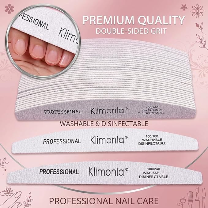 25pcs Professional Half Moon Nail Files Emery Board Set 180/240 Grit Dual-Grit Buffer Files for Natural & Acrylic Nails Tools Suit for Home Salon