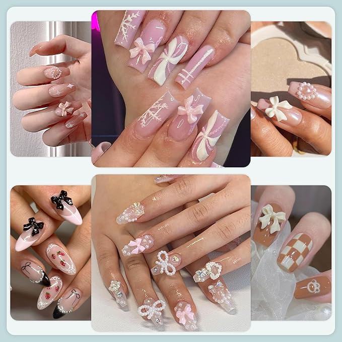 600 Pcs 3D Cute Nail Charms and Flatback Pearls Set 3, Pink&White&Black Nail Bows + Pink&White Star Heart Cute Nail Jewels + 2-4mm White Nail Pearls for Nail Art DIY Decoration with Pickup Tools