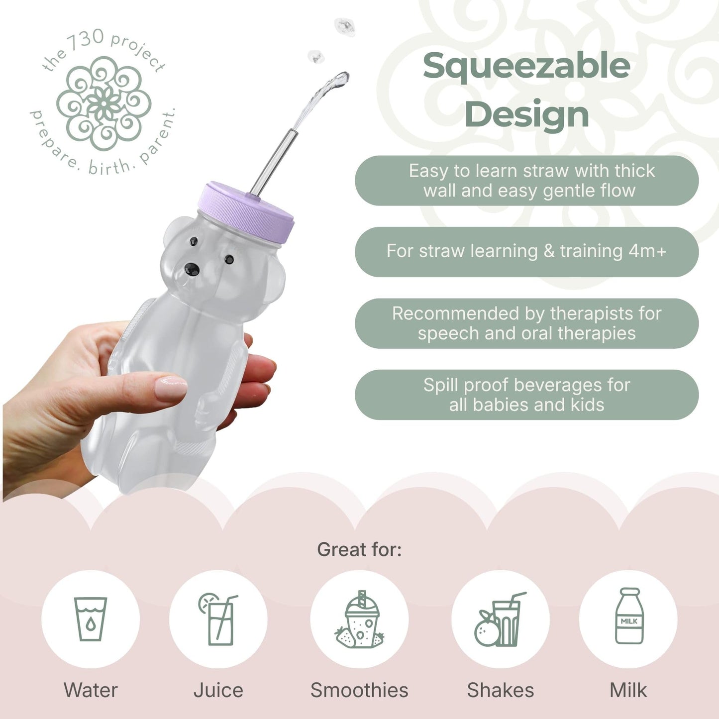 The 730 Project Honey Bear Straw Cup for Babies, 8-oz Honey Bear Cup with Lid, 3-Pack Therapy Learning Honeybear Straw, Baby Bottle Set, Unicorn PURPLE