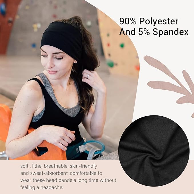 2 Pack Black Wide Headbands for Women - Thick Stretchy Non Slip Fabric Sweat Bands, Soft Hair Bands for Workout, Running, Spa, Makeup & Washing Face