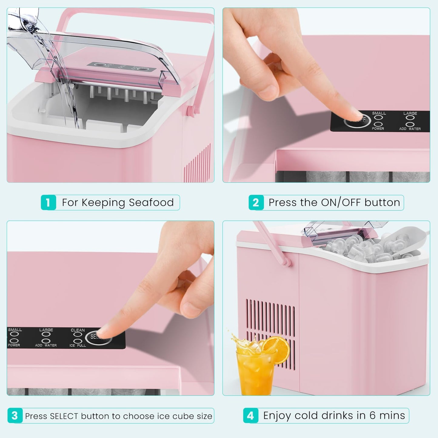 OLIXIS Ice Maker Machine with Handle,26lbs in 24Hrs,9 Ice Cubes in 6 Mins,Auto-Cleaning Portable Ice Maker with Basket and Scoop, Countertop Ice Maker for Home, Kitchen, Camping, RV - Pink