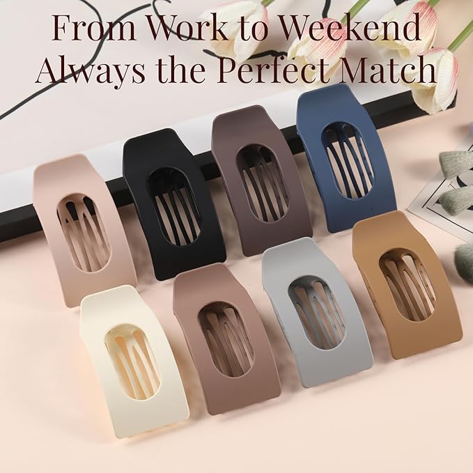 8 Pack Flat Hair Clips for Women – Large Matte Rectangle No-Slip Claw Clips, Strong Hold Square Hair Accessories for Thick & Thin Hair, Lay Flat Design for Work & Daily Styling