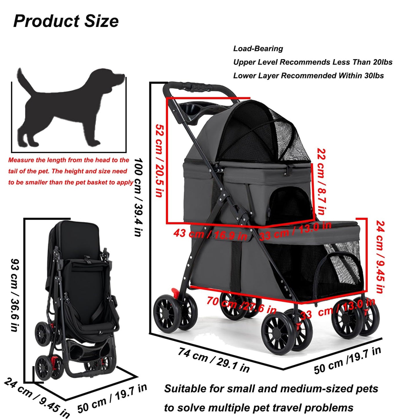 Double Dog Stroller for Medium Small Dogs and Cats Load-Bearing Up to 50lbs, Durable 360° Universal Wheels Lightweight One Hand Foldale Kittens Puppies Travel Stroller Cart(Double)