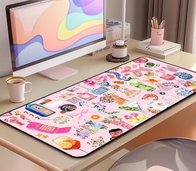 Funny Pink Desk Mat, Cute Colorful Desk Matt, for Desktop Large XXL, Gaming Mouse Pad, Anti Slip Mousepad Extended Deskpad Laptop Keyboard Computer Mat Desk Decor, for Women 31.5"X15.7"