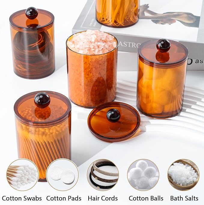 XIPENGKEJI 2 Pack Qtip Holder,Canister Apothecary Jar Set, Bathroom Jars with Lids Set for Cotton Swabs, Balls, Pads, Floss Picks,10oz-12oz Plastic Canisters Restroom Bedroom Vanity Organizer(Brown)