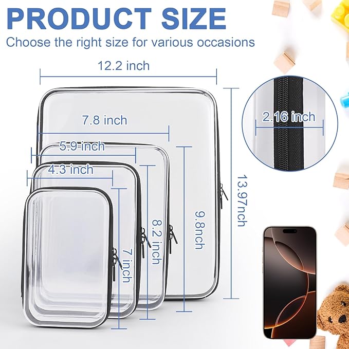 YOPCDJ Clear Hard Shell Zipper Case, Clear Zipper Pouches Waterproof Makeup Organizer & Travel Toiletry Storage Bag, Plastic Pouch for Office, Home, Black, 4Pack XL+L+M+S