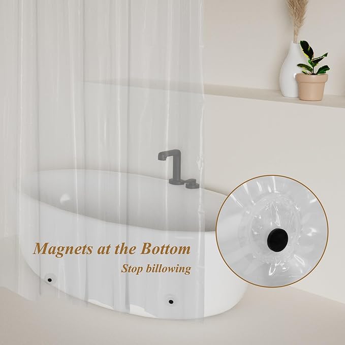 Mrs Awesome PEVA Shower Curtain Liners with 3 Magnets, Water Proof 54 inch Plastic Shower Liner for Bathroom or Shower Stall, Clear, 54x72