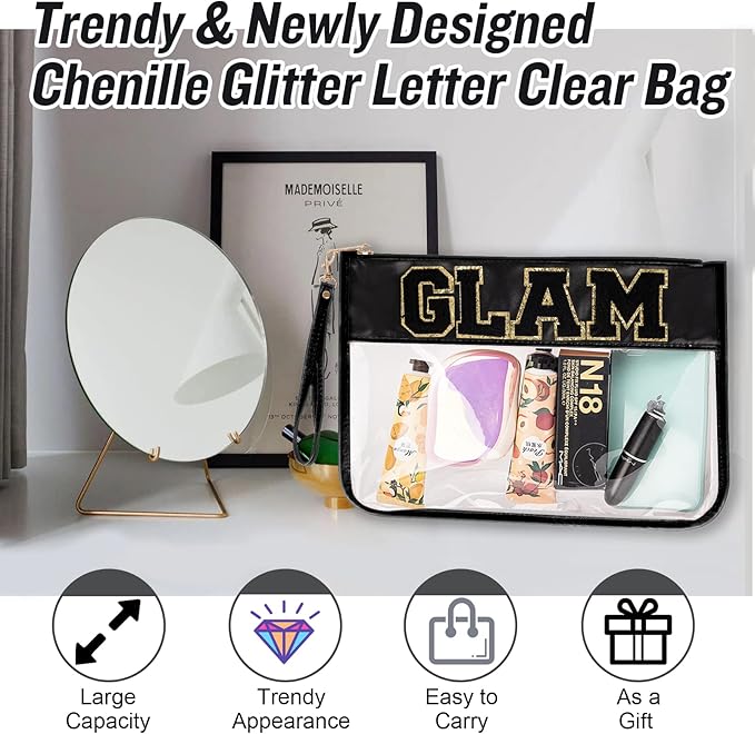 Izuzt Chenille Letter Clear Bag Glam Purse Pouch, Monogram PVC & PU Clear Zipper Pouch with Wristlet, Waterproof Portable Glitter Snacks Makeup Beach Toiletry Bag for Women Girls (GLAM-Black)