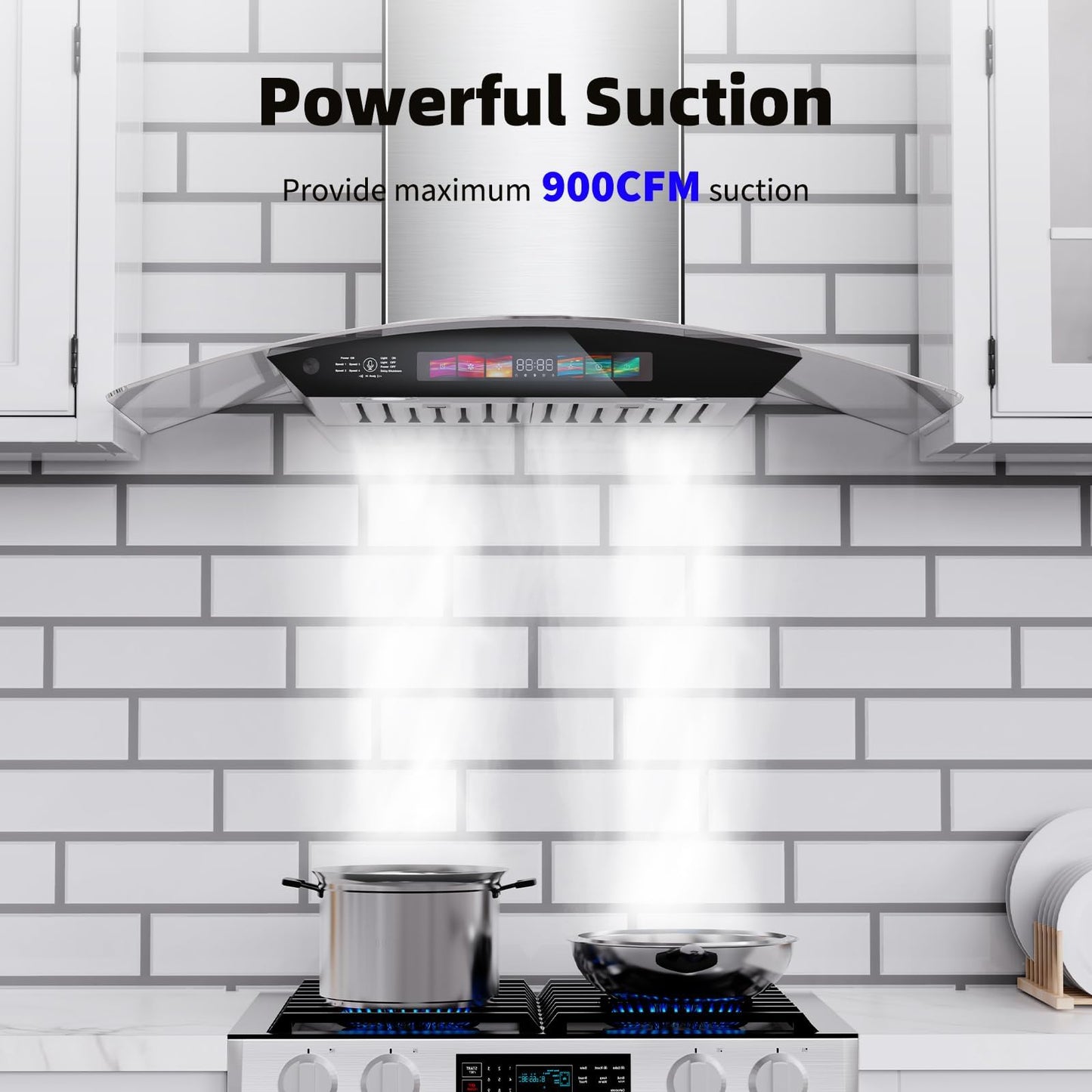 36 inch Wall Mount Range Hood Tempered Glass 900 CFM, Voice/Gesture/Touch Control, Stainless Steel Kitchen Hood Vent with 4 Speed Exhaust Fan, Adjustable Lights, Memory Mode