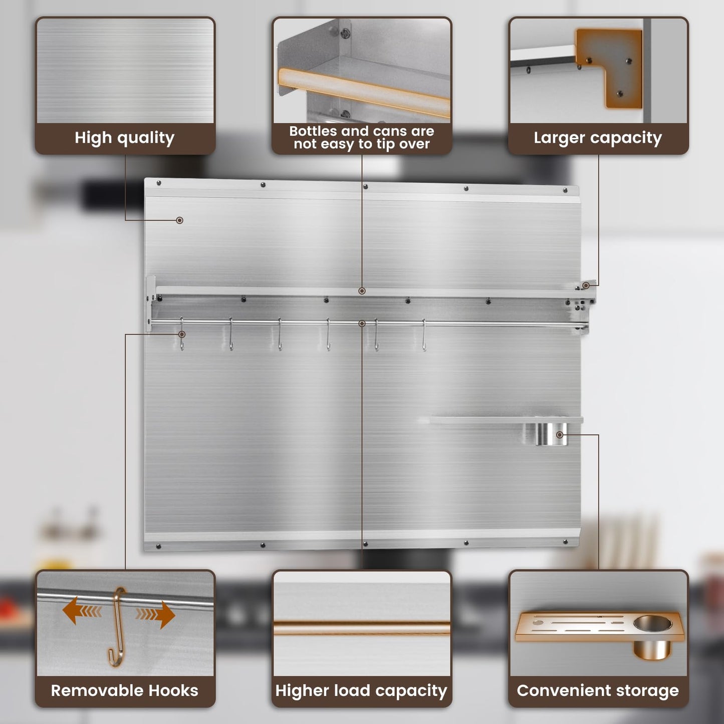 VENFAN 30x24 Inch Stainless Steel Stove Backsplash with Shelf, 6 Hooks & Knife Stand - Rust-Proof Kitchen Wall Protector Stainless Steel - Easy No-Drill Installation