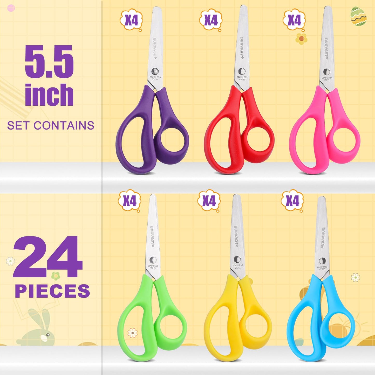 BURVAGY 24Pack 5.5" Safety Small School Kids Student Round Blunt Tip Craft Scissors Bulk, Stainless Steel Blades Comfort Grip Scissors for Kid Children Kindergarten Cutting Paper