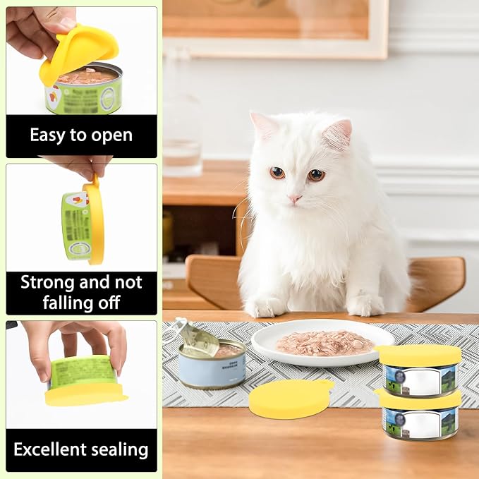 PINE & LINEN 4 Pcs 2.5inch Durable Pet Can Lids, Silicone Small Pet Can Covers Waterproof Cat Food Cans Lids for 3 oz Cat Food Cans（Yellow）