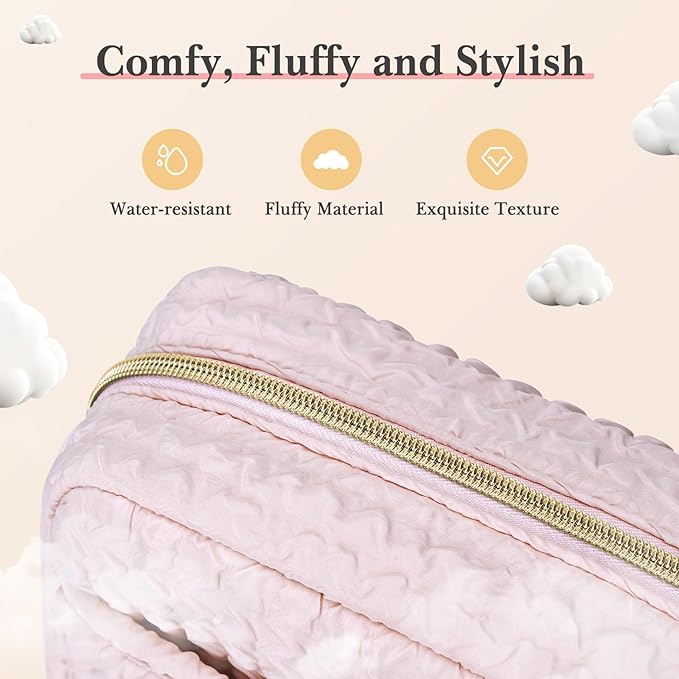 Noozion Makeup Bag Travel Toiletry Bag, Puffy Padded Cosmetic Bag for Women, Makeup Organizer Case, Wide-open Pouch Purse, Travel Essentials