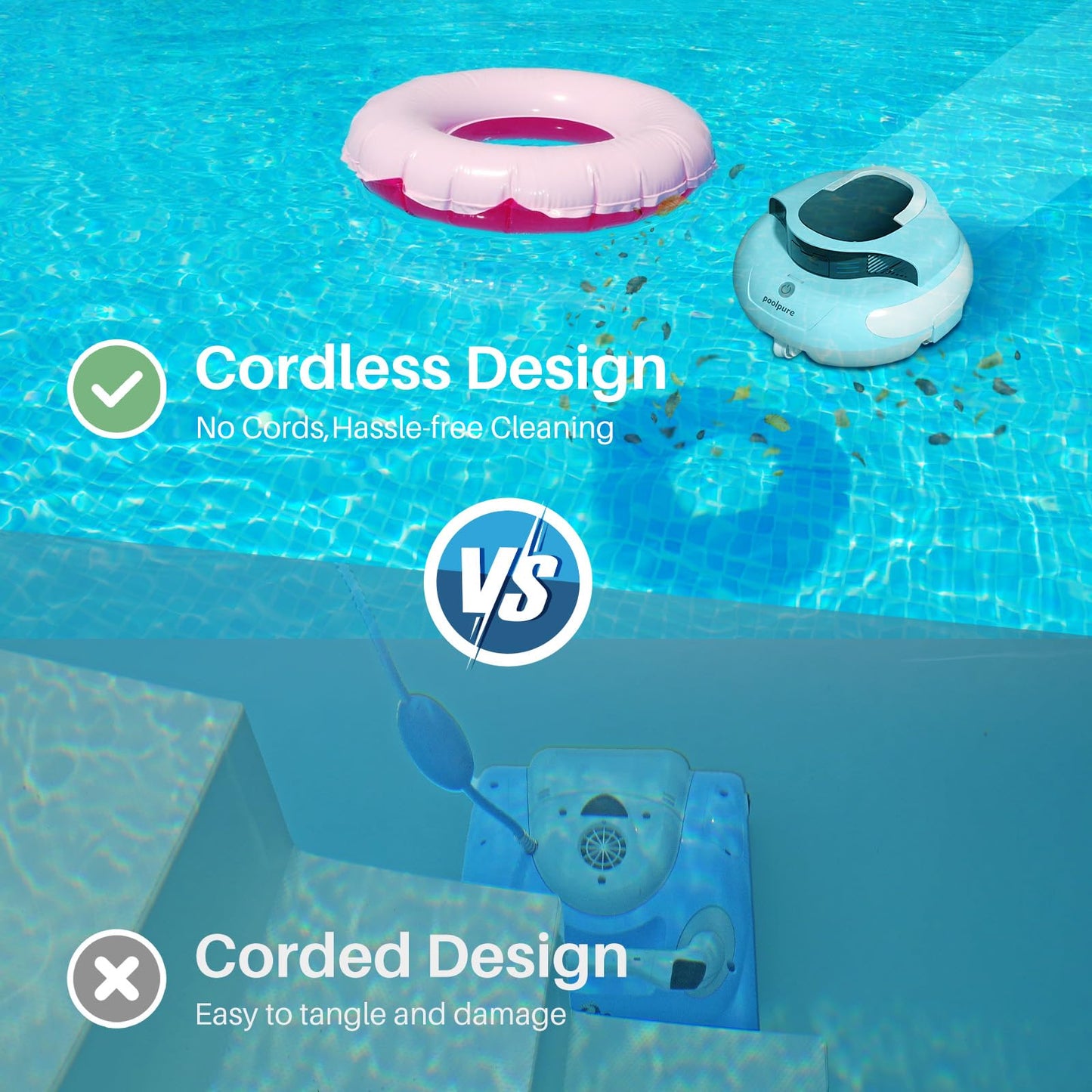 POOLPURE Cordless Robotic Pool Cleaner - Dual 30W Motors, 100Min Runtime, for Above & In-Ground Pools Up to 1000 Sq.Ft, Auto-Parking, Advanced Waterproof Technology (Blue)