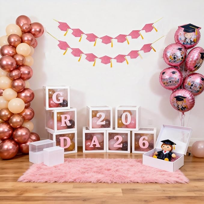 Graduation Decoration Banners 2026 Rose Gold Glitter Graduation Hats with Tassel Banners Garlands Class of 2026 Graduations Party Banners for College High School Graduations Party Decorations