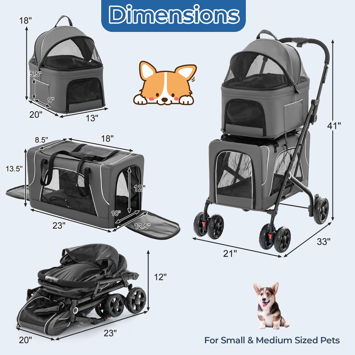 Giantex Double Dog Stroller for 2 Dogs, Detachable Carriers, Safety Belt, 4 Lockable Wheels, Pet Travel Carrier Strolling Cart, Folding Cat Stroller for Small Medium Pets Dogs (Gray)