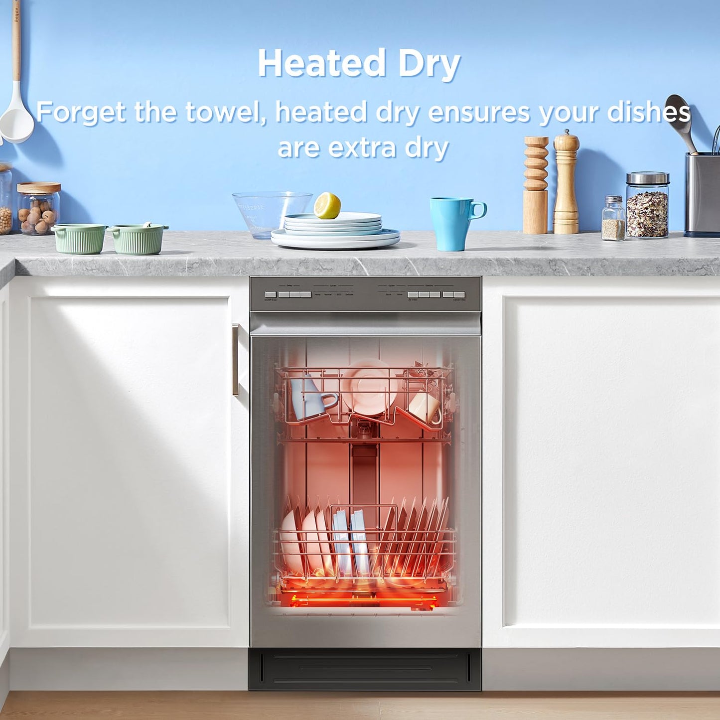 Midea 18 Inch Built-in Dishwasher, Slim Space-Saving Design with 8 Place Settings, 6 Washing Programs & Stainless Steel Tub, Energy Star Certified Dishwasher with Heated Dry & High Temp Wash, Silver