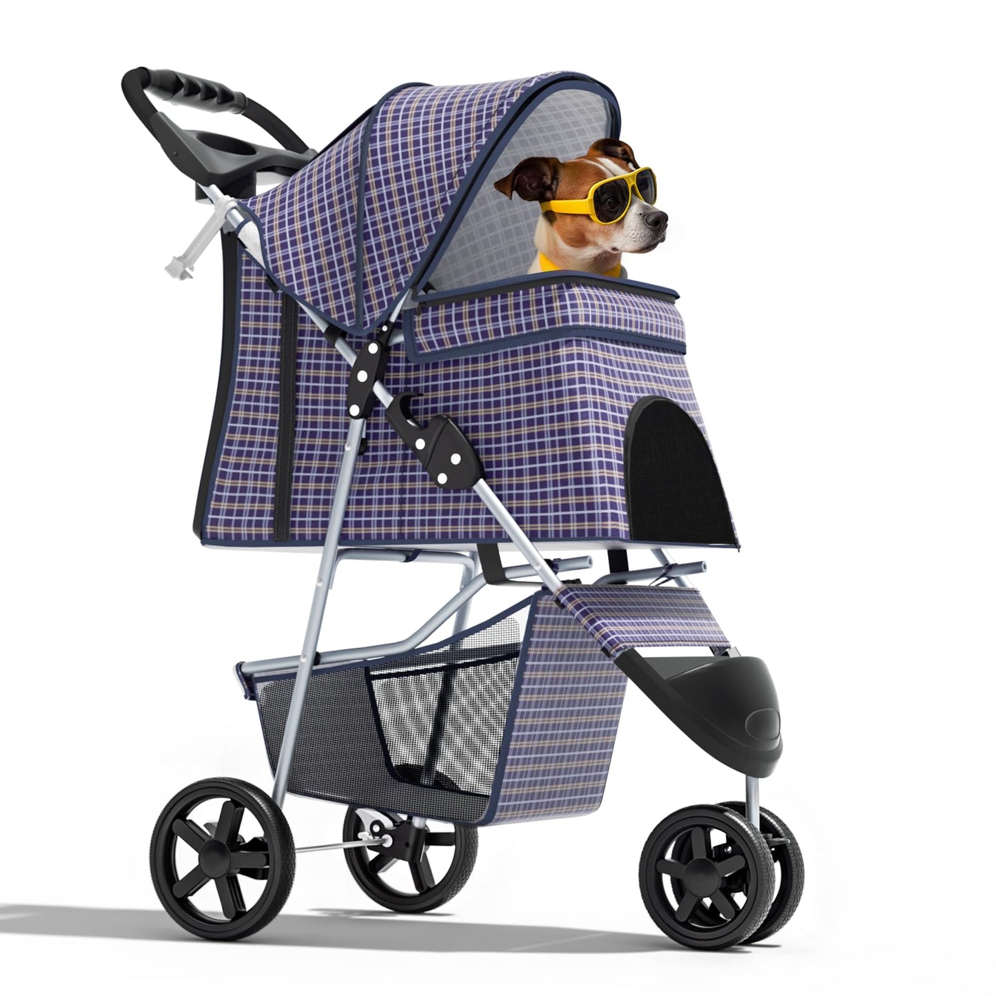 Magshion 3-Wheel Pet Stroller, Foldable Travel Jogger for Small & Medium Dogs & Cats (Up to 33lbs), Lightweight Carrier with Breathable Mesh Cover, Cup Holder & Storage Basket, Plaid