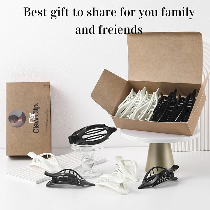 8 Pack Glossy Black and White Flat Hair Clips – High-Shine Claw Clips for Women, Non-Slip Strong Hold Hair Accessories for Daily Styling, Minimalist Fashion Clips for Work or School