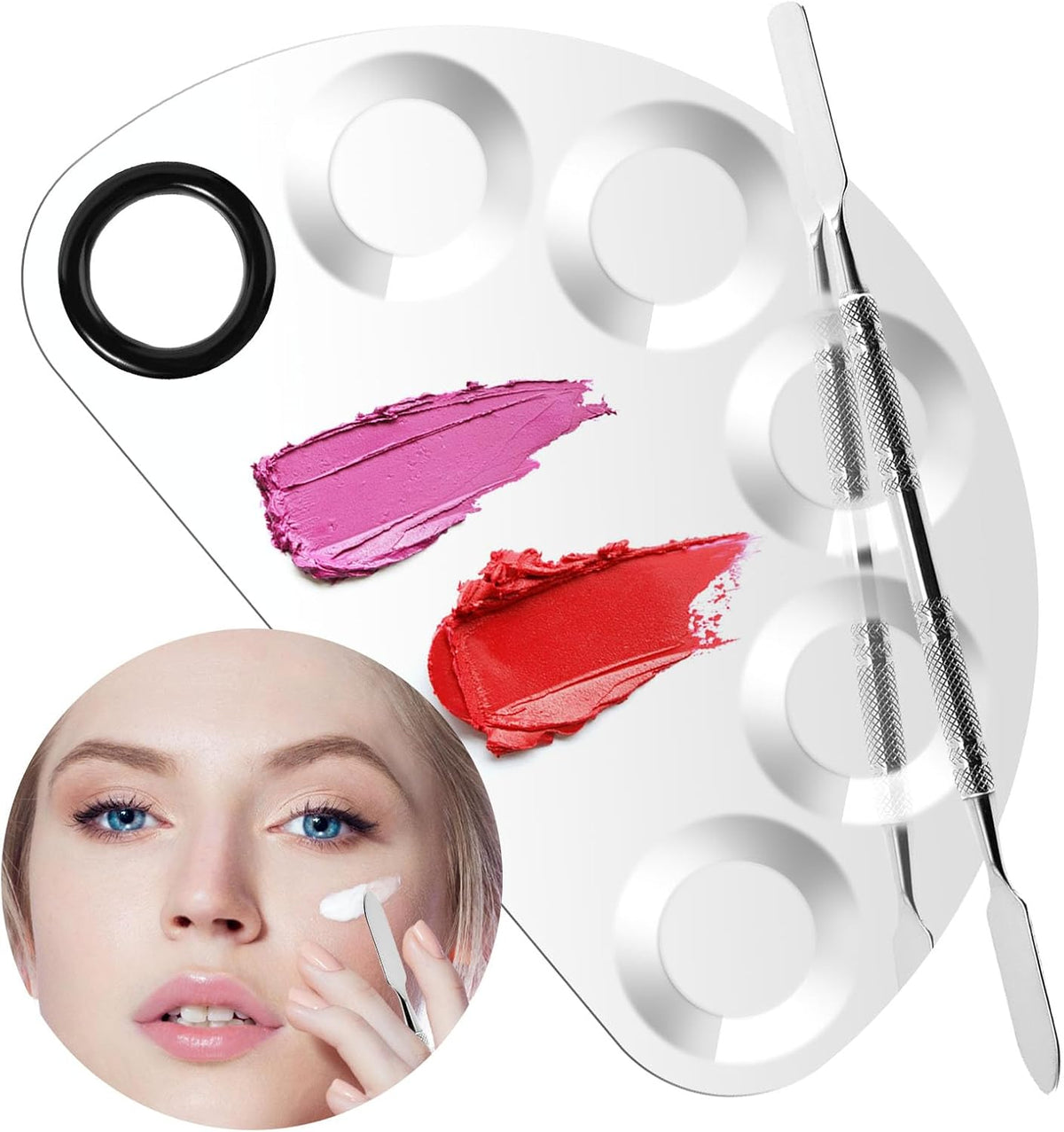 Makeup Mixing Foundation Palette Tools - Stainless Steel Nail Art Palette with Makeup Foundation Spatula Professional Cosmetic Mixing Makeup Palette Tray for Eye Shadow Eyelash Lipsticks Nail Art