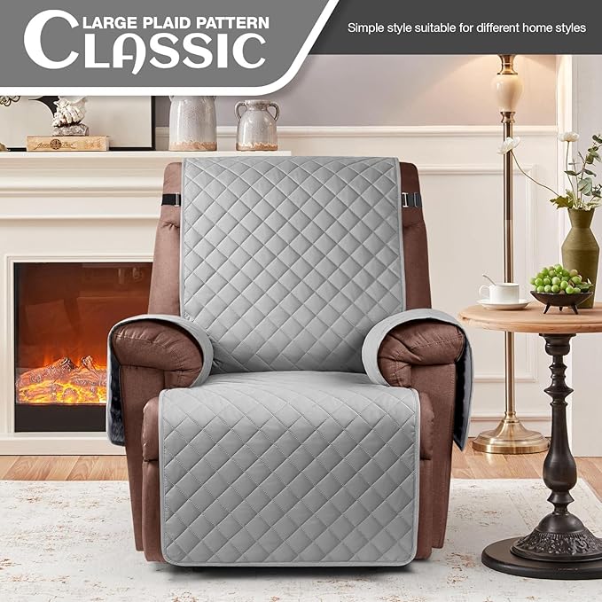 KinCam 100% Waterproof Recliner Chair Cover, Reclining Couch Covers for Pets, Dogs, Recliner Couch Slipcover Furniture Protector with Elastic Straps for Kids(23.6", Light Gray)