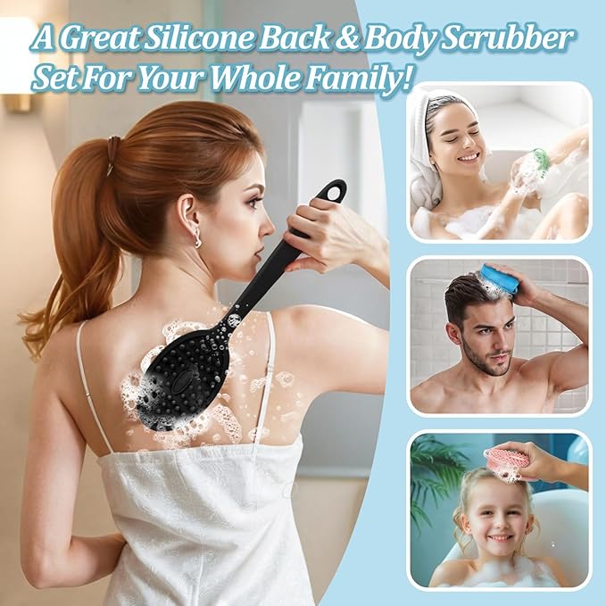 Silicone Back & Body Scrubber Set 2PCS, 13.4'' Gentle Exfoliating Back Scrubber with Dual-Side Head and Non-Slip Handle, Hygienic Silicone Loofah with Soft Bristles and Massage Dots(Black-2PC)