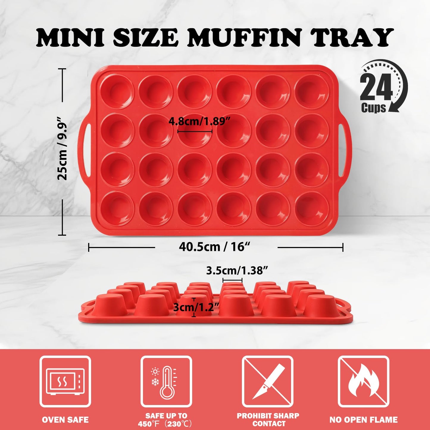 2 Pack Mini Silicone Muffin Pan with Metal Frame, Non-stick Regular Silicone Cupcake Pan with Handles 24 Cup, Silicon Muffin Tin Tray for baking, egg bites, Cupcake Mold, BPA Free Red